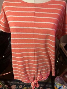 Talbots Coral and White Striped Tie-Front Short Sleeve Top size S